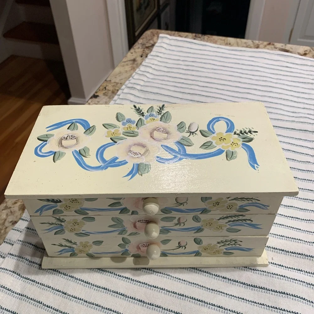 Vintage Hand Painted Jewelry Box Cottage Core 3 Drawer Wood Floral Design